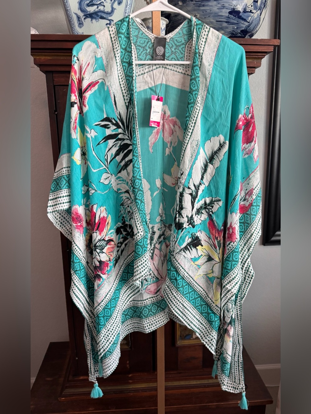 NWOT Vince Camuto Turquoise Floral Kimono Swimsuit Cover-Up - Picture 2 of 10